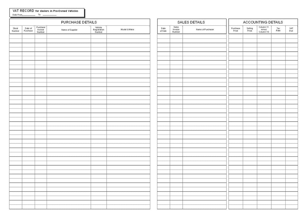 VAT BOOK FOR DEALERS IN PRE-OWNED VEHICLES (A4/32 Pages) V012