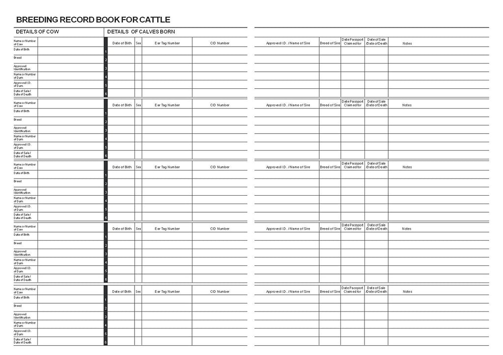 BREEDING RECORD BOOK FOR CATTLE (A4/32 Pages) B006 (Calving Record Book)